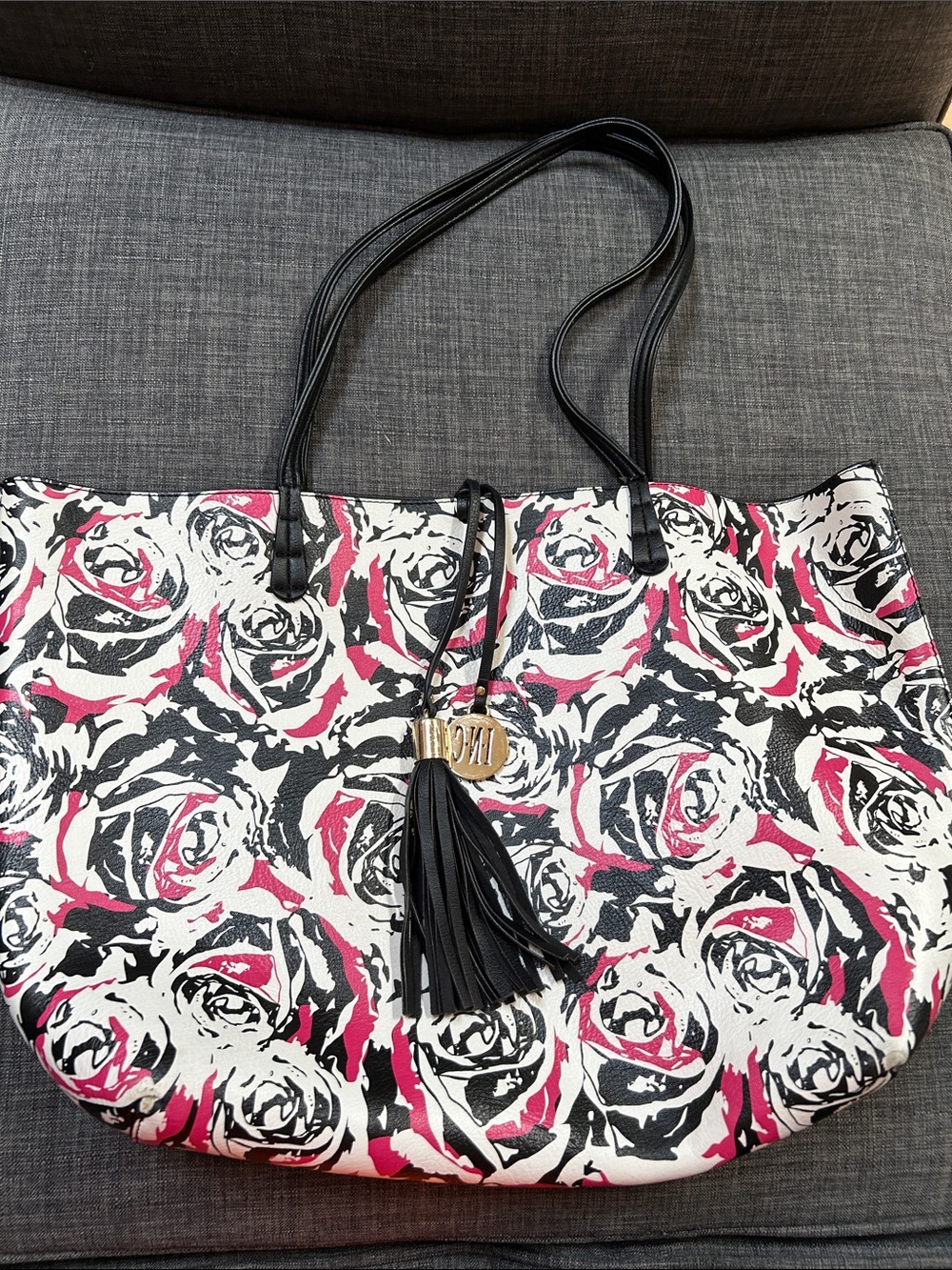 INC International Floral Print Tote Bag with Tassel - Black, White & Pink